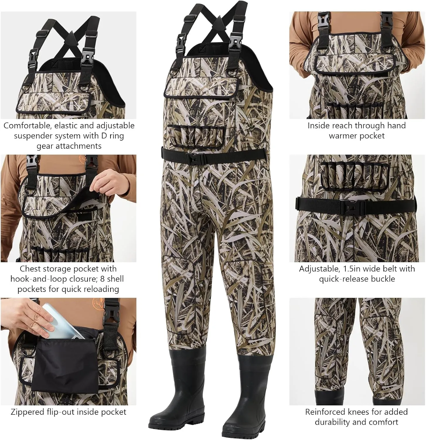 BASSDASH Men’s Neoprene Waders Black Reeds Camo for Fishing Hunting with Rubber Boots Foot Waterproof Chest Waders