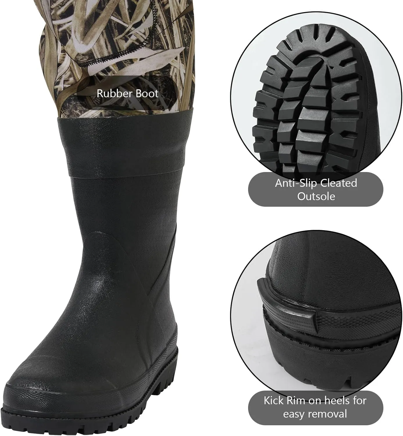BASSDASH Men’s Neoprene Waders Black Reeds Camo for Fishing Hunting with Rubber Boots Foot Waterproof Chest Waders