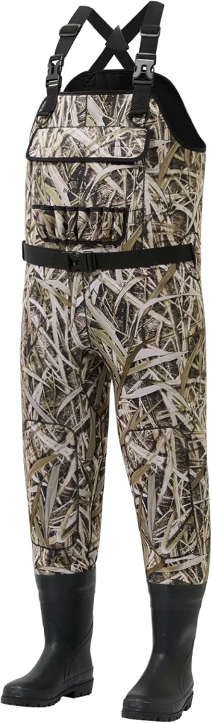 BASSDASH Men’s Neoprene Waders Black Reeds Camo for Fishing Hunting with Rubber Boots Foot Waterproof Chest Waders