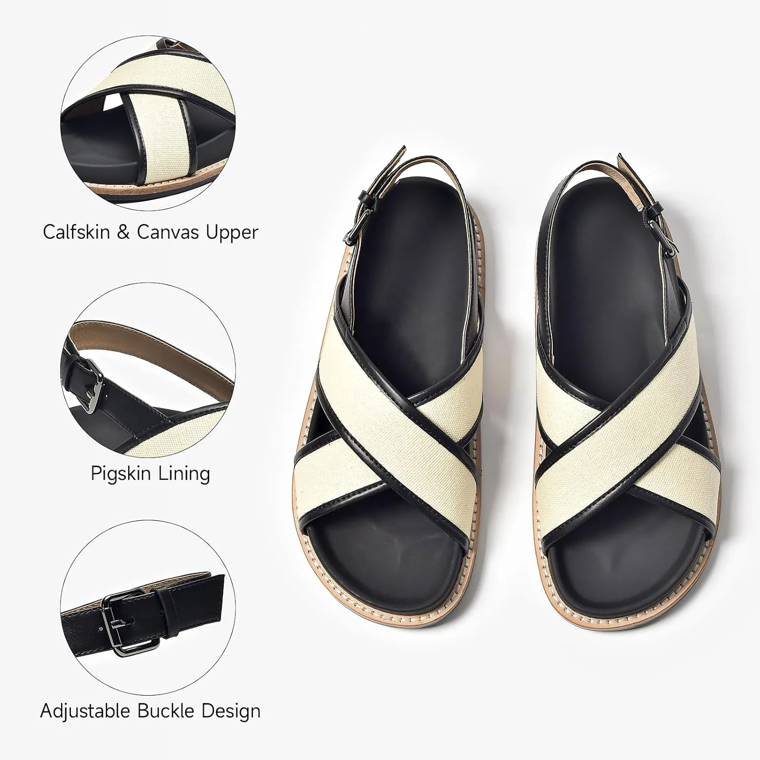 BEAU TODAY Flat Sandals for Women, Fashion Strappy Sandal Comfortable Arch Support Open Toe Beach Dressy Leather Summer Low Platform Sandals