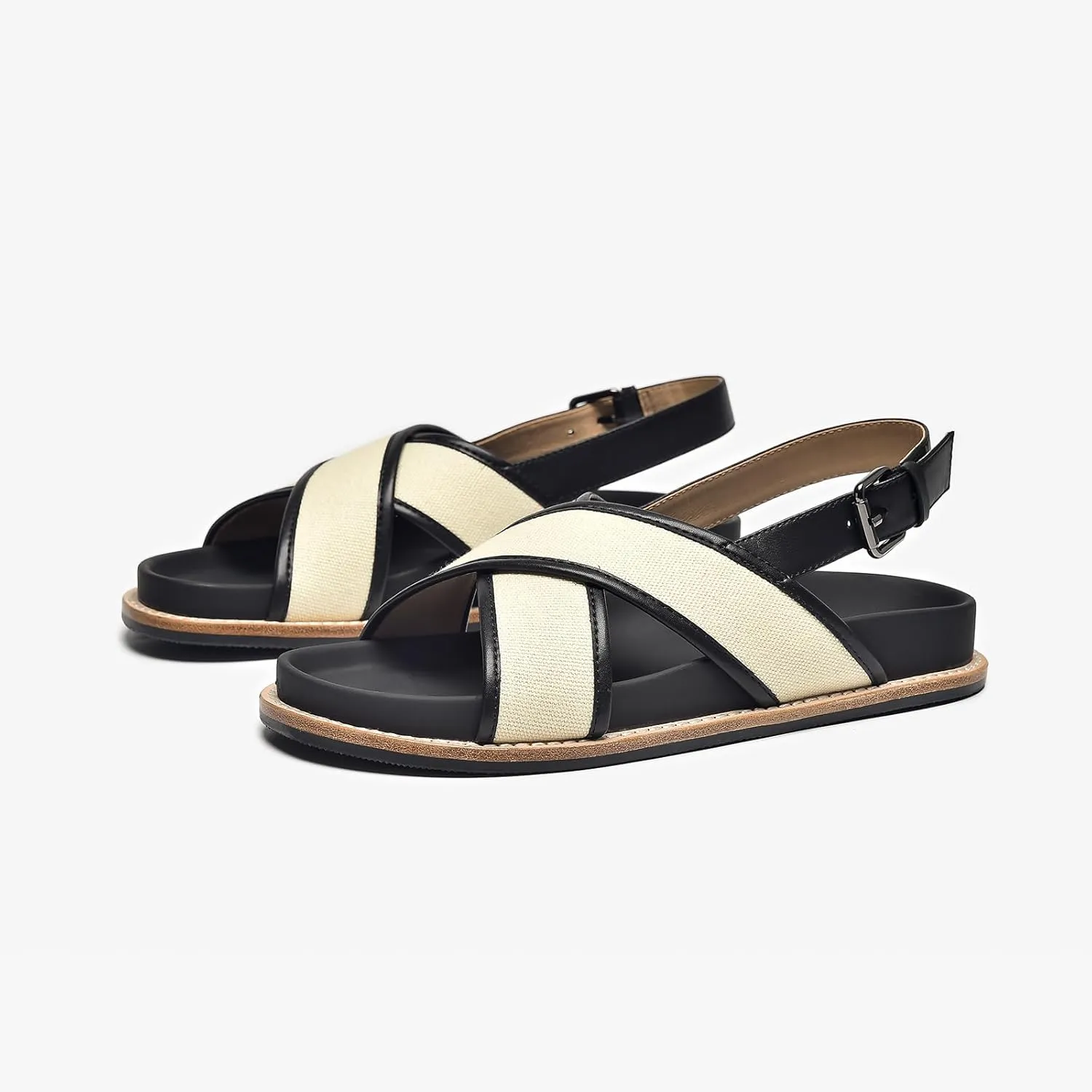BEAU TODAY Flat Sandals for Women, Fashion Strappy Sandal Comfortable Arch Support Open Toe Beach Dressy Leather Summer Low Platform Sandals