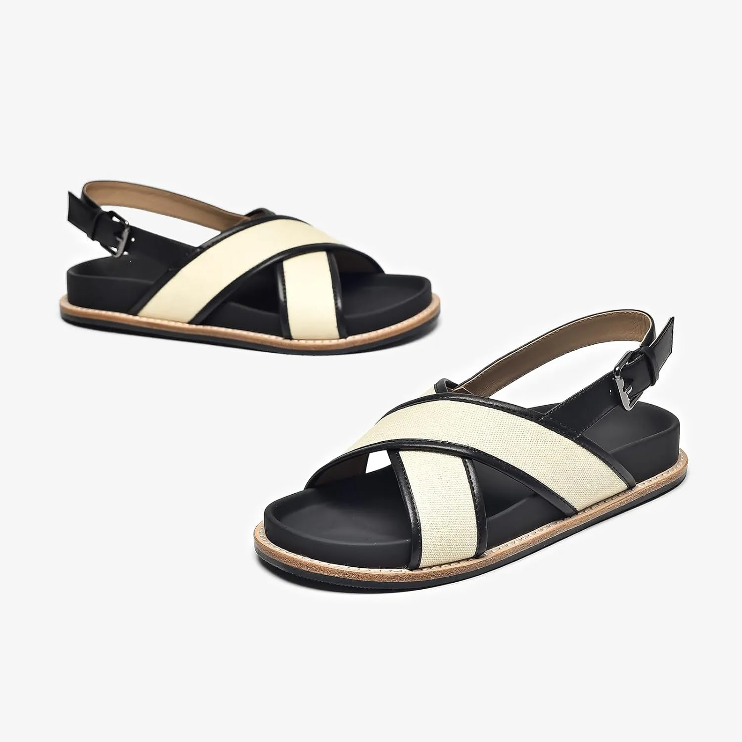 BEAU TODAY Flat Sandals for Women, Fashion Strappy Sandal Comfortable Arch Support Open Toe Beach Dressy Leather Summer Low Platform Sandals