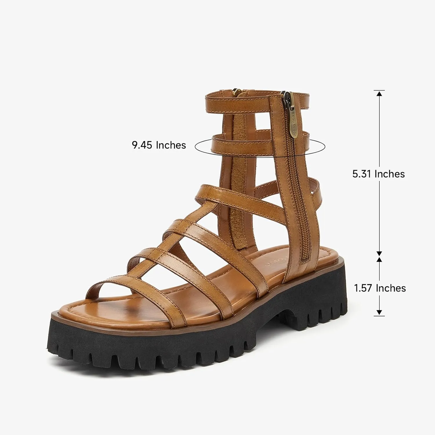 BEAU TODAY Gladiator Sandals for Women,Platform Strappy Sandals for Women,Dressy Comfortable Leather Double Zippers Fashion Roman Sandals for Summer Vacation