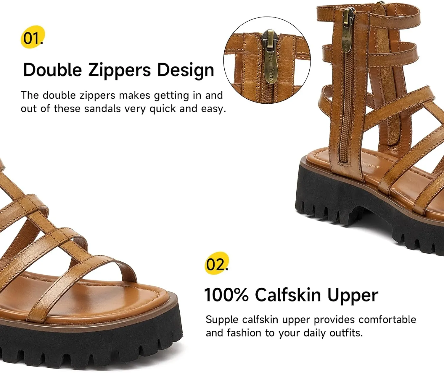 BEAU TODAY Gladiator Sandals for Women,Platform Strappy Sandals for Women,Dressy Comfortable Leather Double Zippers Fashion Roman Sandals for Summer Vacation