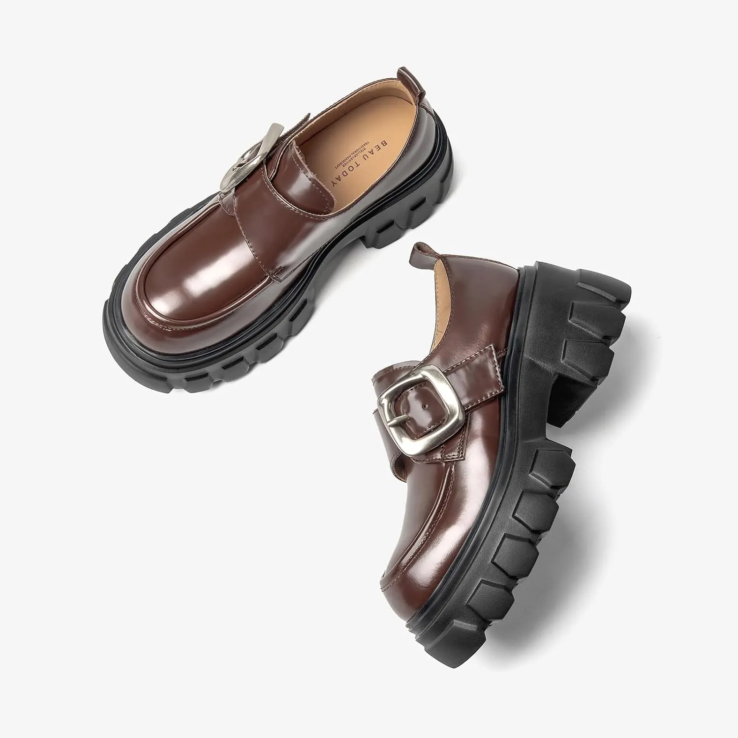 BEAU TODAY Womens Loafers Shoes, Leather Platform Loafers for Women, Chunky Heel Lug Sole Loafers for Women, Comfort Slip-on Loafers, Casual Business Office Work Shoes with Buckle