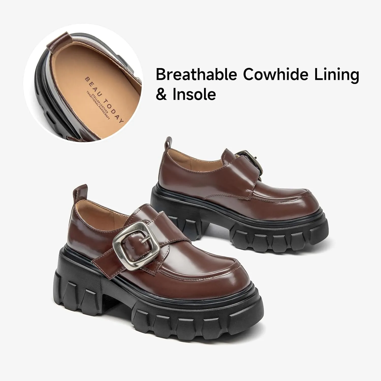 BEAU TODAY Womens Loafers Shoes, Leather Platform Loafers for Women, Chunky Heel Lug Sole Loafers for Women, Comfort Slip-on Loafers, Casual Business Office Work Shoes with Buckle