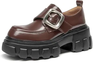 BEAU TODAY Womens Loafers Shoes, Leather Platform Loafers for Women, Chunky Heel Lug Sole Loafers for Women, Comfort Slip-on Loafers, Casual Business Office Work Shoes with Buckle