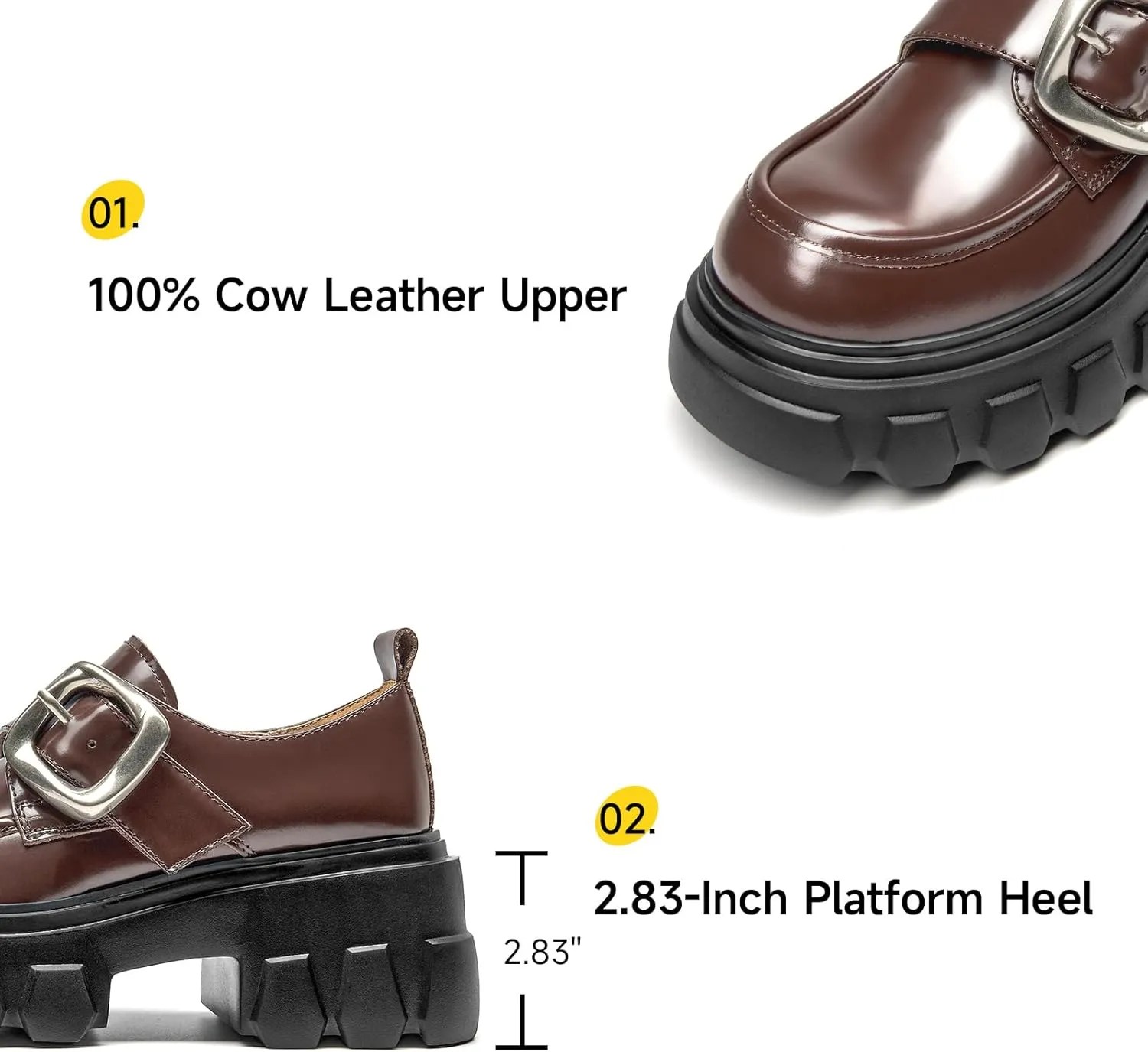 BEAU TODAY Womens Loafers Shoes, Leather Platform Loafers for Women, Chunky Heel Lug Sole Loafers for Women, Comfort Slip-on Loafers, Casual Business Office Work Shoes with Buckle