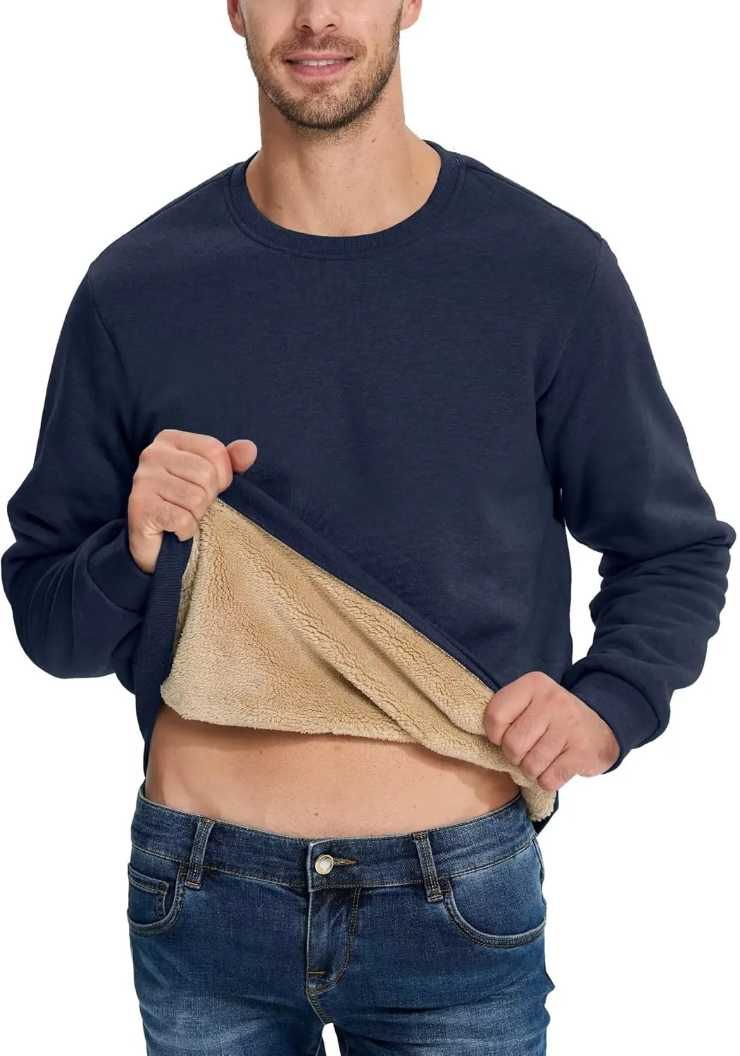 Boladeci Men's Full Sherpa Lined Crewneck Sweatshirts Premium Heavy-weight Fleece Pullover Thick Thermal Cotton Sweat-Shirts