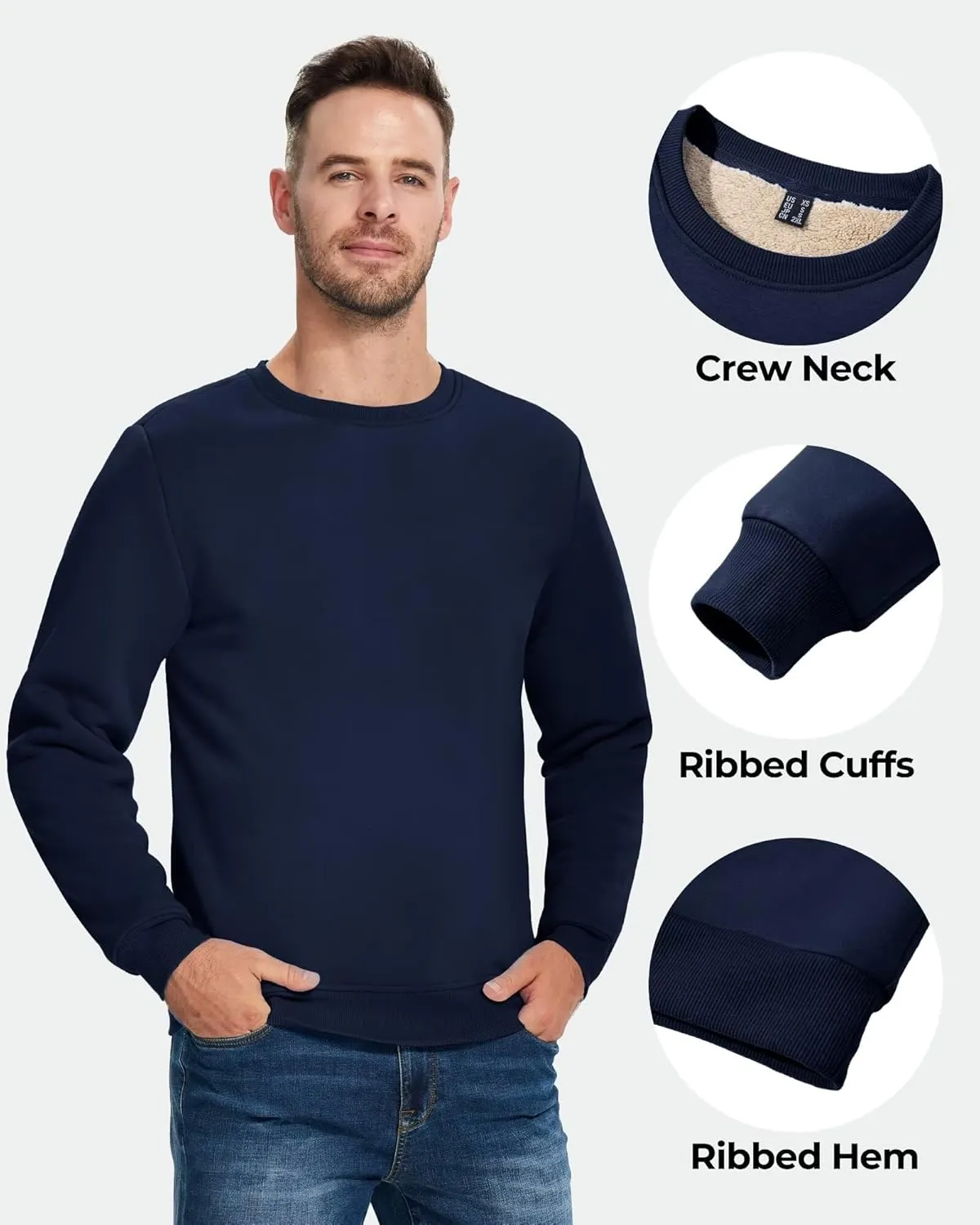 Boladeci Men's Full Sherpa Lined Crewneck Sweatshirts Premium Heavy-weight Fleece Pullover Thick Thermal Cotton Sweat-Shirts