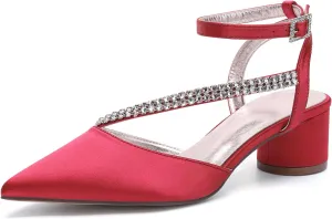 Bridal Shoes Low Heel Rhinestones Satin Strappy Wedding Shoes 4.5CM Pointed Closed Toe Women Party Ankle Strap Sandals Pumps for Prom,Red,11.5