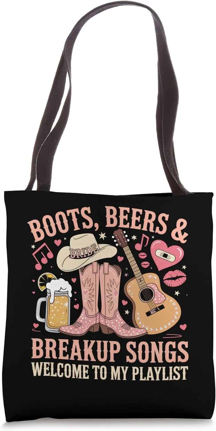 Bride Country Boots Beers & Breakup Songs Funny Western Tote Bag