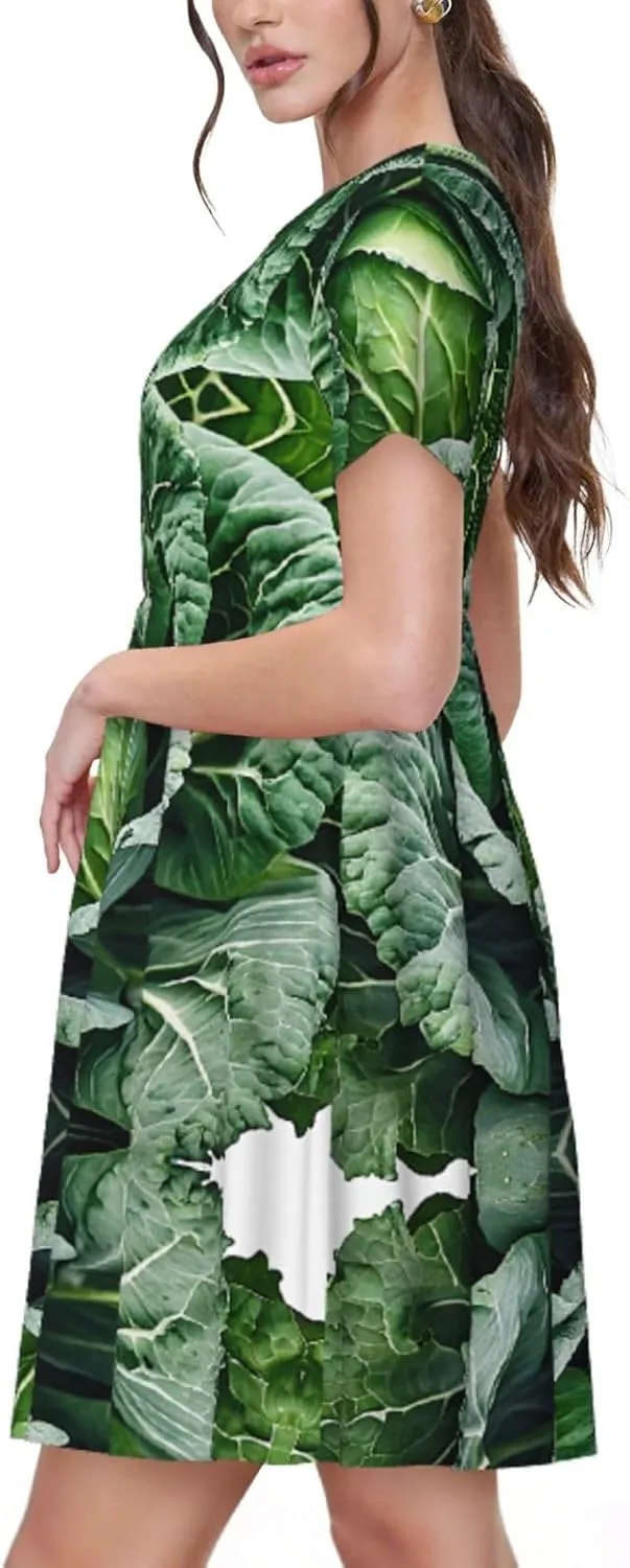Bright Cabbage Print Women's Short Sleeve Pleated Loose Swing Casual Dress