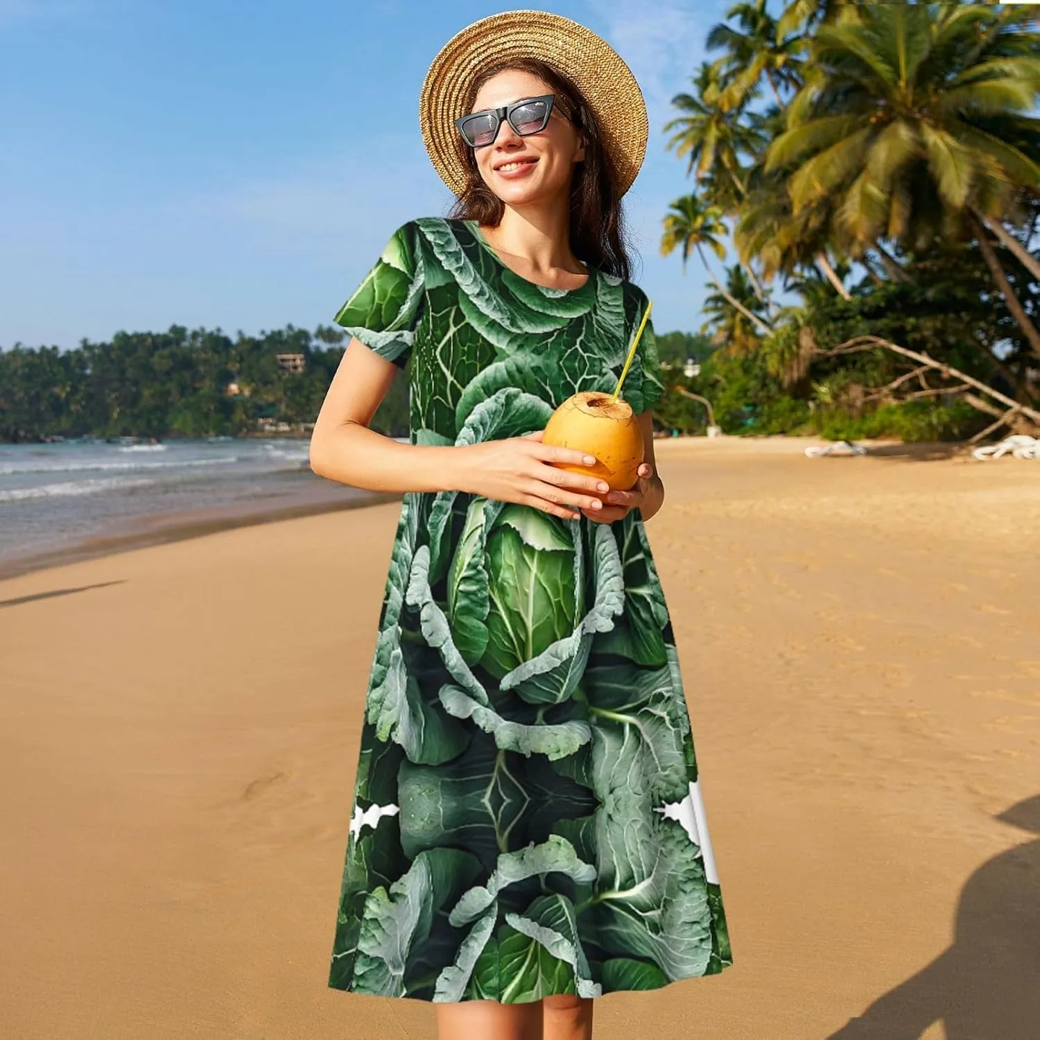 Bright Cabbage Print Women's Short Sleeve Pleated Loose Swing Casual Dress