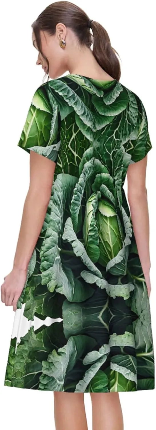 Bright Cabbage Print Women's Short Sleeve Pleated Loose Swing Casual Dress