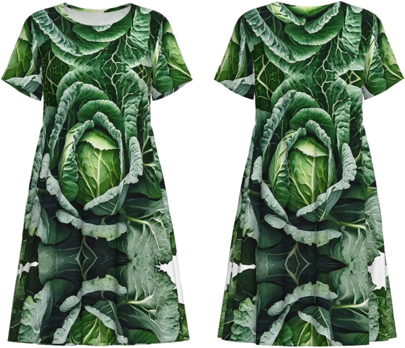 Bright Cabbage Print Women's Short Sleeve Pleated Loose Swing Casual Dress