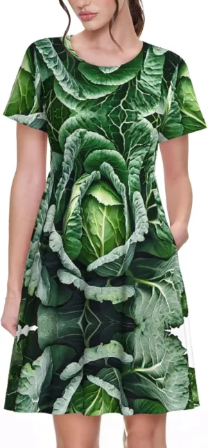 Bright Cabbage Print Women's Short Sleeve Pleated Loose Swing Casual Dress