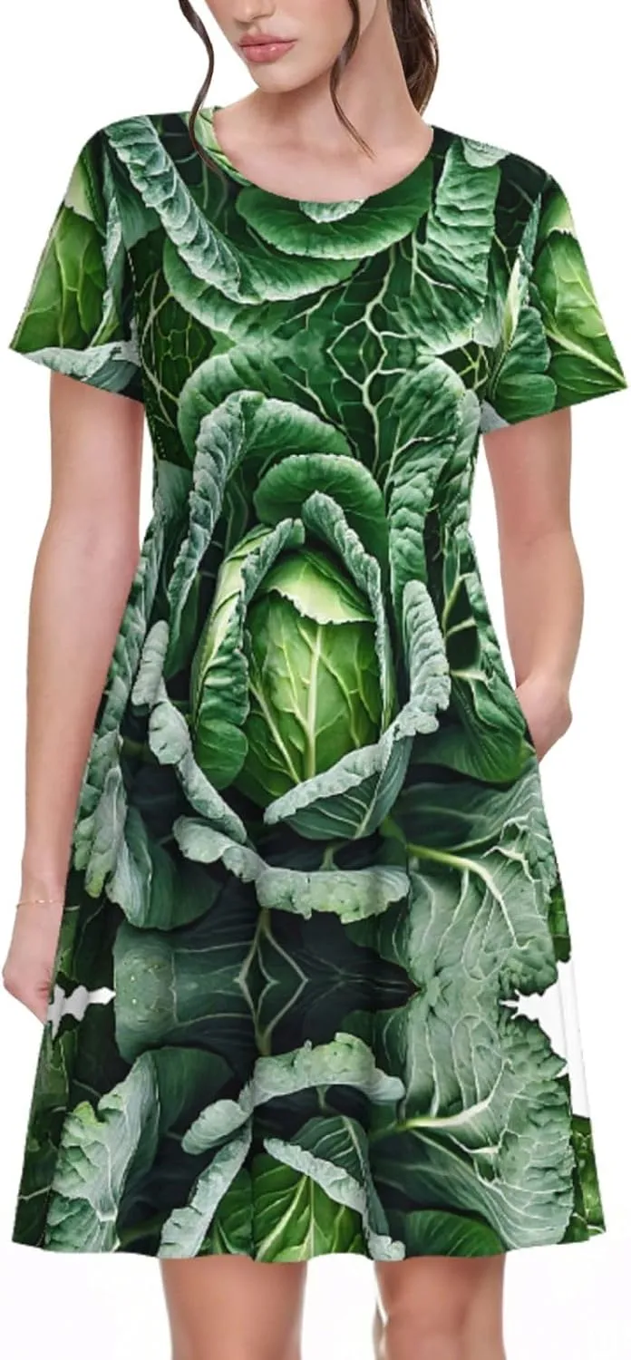 Bright Cabbage Print Women's Short Sleeve Pleated Loose Swing Casual Dress