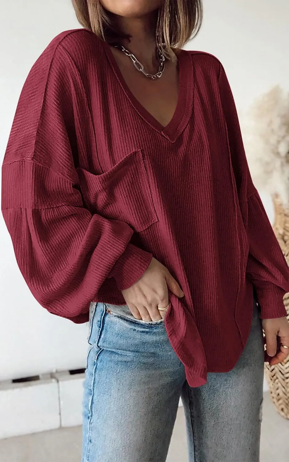 BTFBM Women's Ribbed Long Sleeve Tops 2025 Summer Spring Pullover Knit Casual V Neck Blouses Trendy Loose Fit Tunic Top