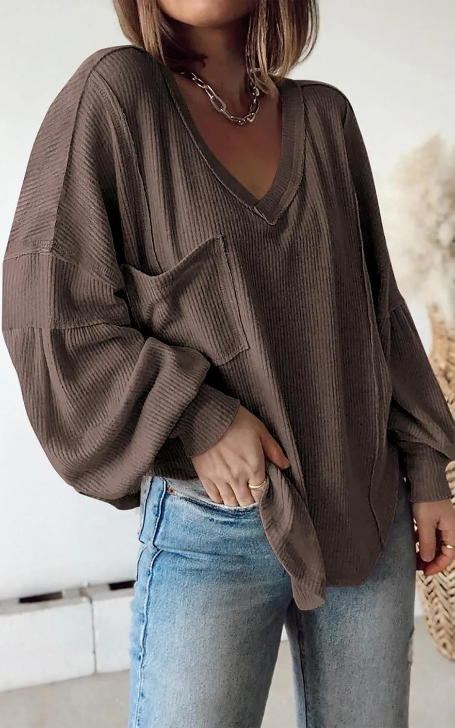 BTFBM Women's Ribbed Long Sleeve Tops 2025 Summer Spring Pullover Knit Casual V Neck Blouses Trendy Loose Fit Tunic Top