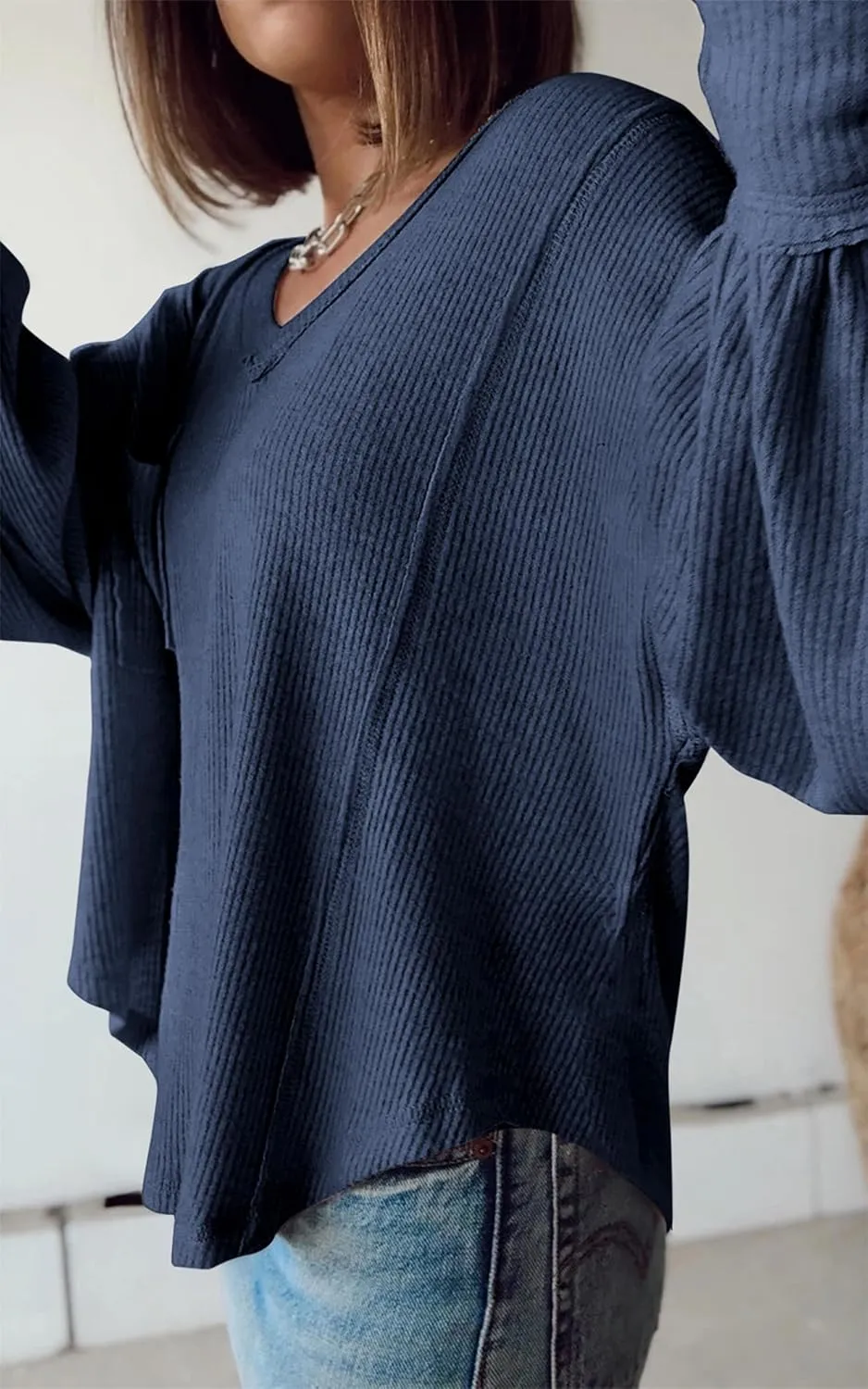 BTFBM Women's Ribbed Long Sleeve Tops 2025 Summer Spring Pullover Knit Casual V Neck Blouses Trendy Loose Fit Tunic Top