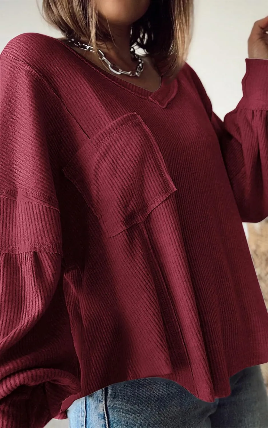 BTFBM Women's Ribbed Long Sleeve Tops 2025 Summer Spring Pullover Knit Casual V Neck Blouses Trendy Loose Fit Tunic Top