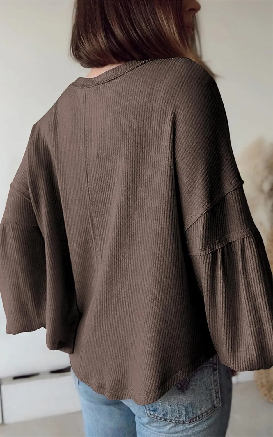 BTFBM Women's Ribbed Long Sleeve Tops 2025 Summer Spring Pullover Knit Casual V Neck Blouses Trendy Loose Fit Tunic Top