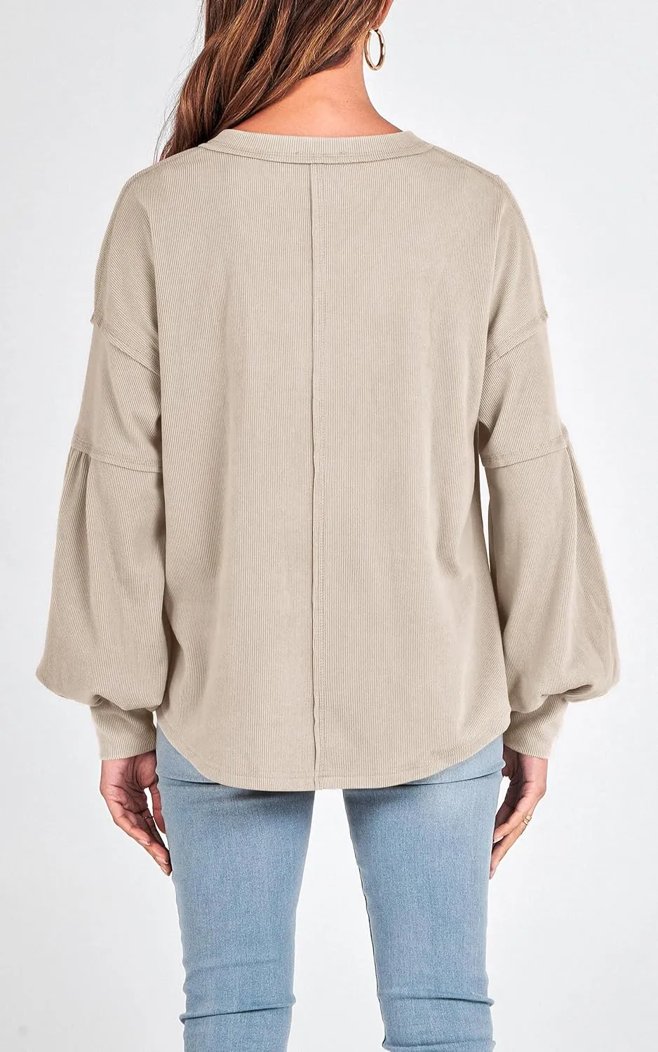 BTFBM Women's Ribbed Long Sleeve Tops 2025 Summer Spring Pullover Knit Casual V Neck Blouses Trendy Loose Fit Tunic Top