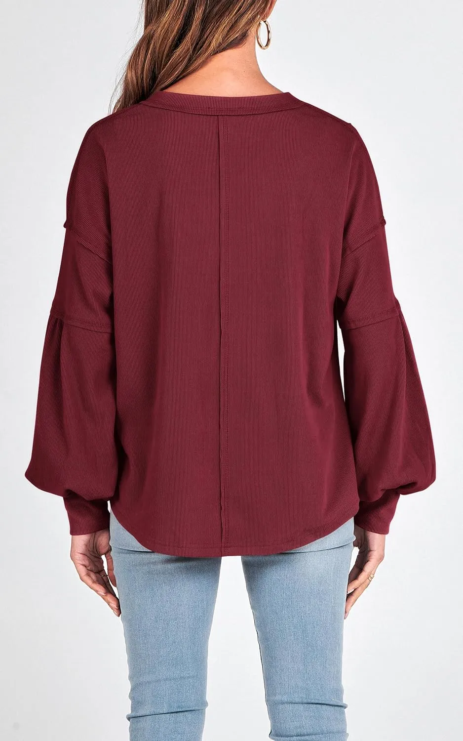 BTFBM Women's Ribbed Long Sleeve Tops 2025 Summer Spring Pullover Knit Casual V Neck Blouses Trendy Loose Fit Tunic Top
