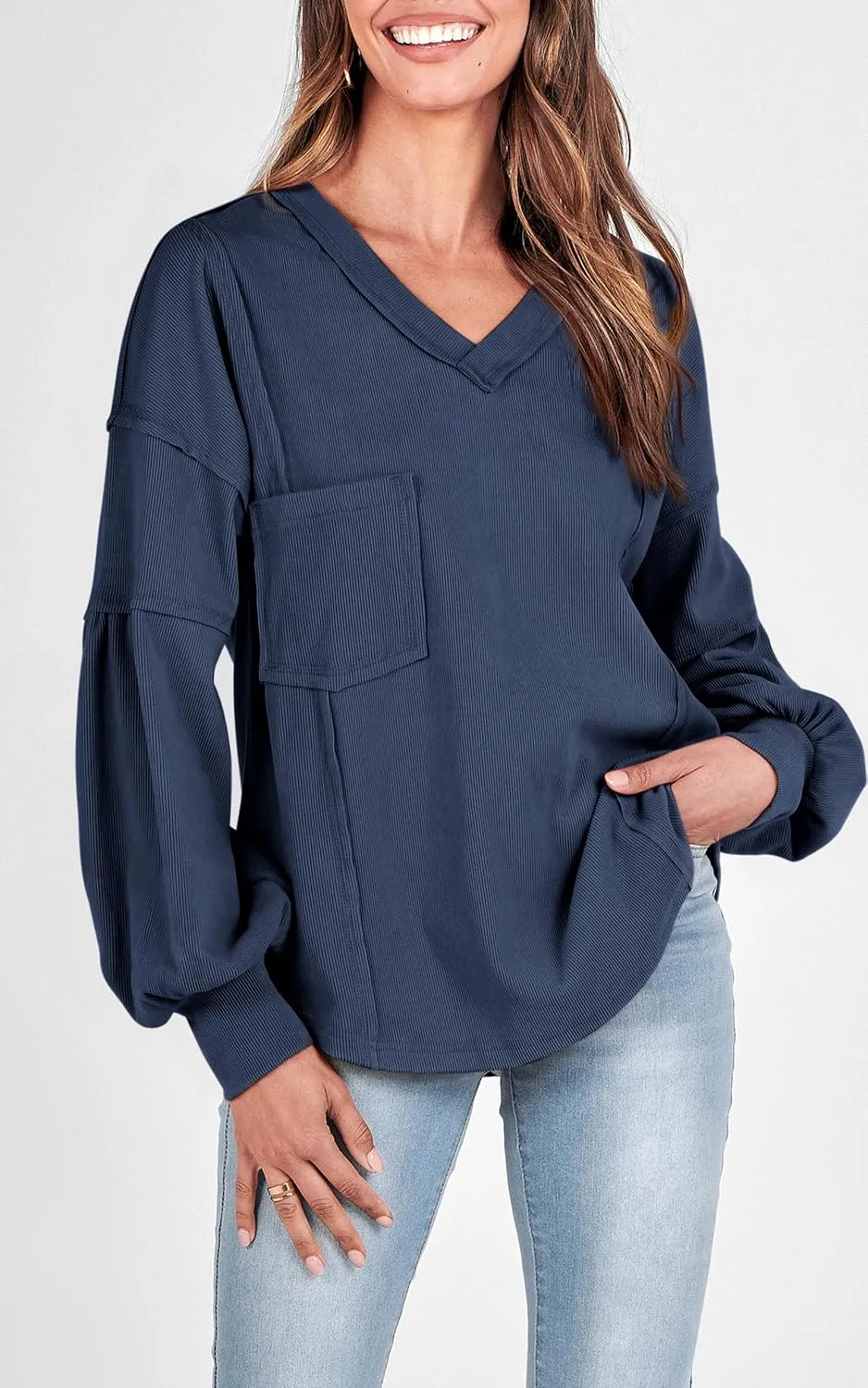 BTFBM Women's Ribbed Long Sleeve Tops 2025 Summer Spring Pullover Knit Casual V Neck Blouses Trendy Loose Fit Tunic Top
