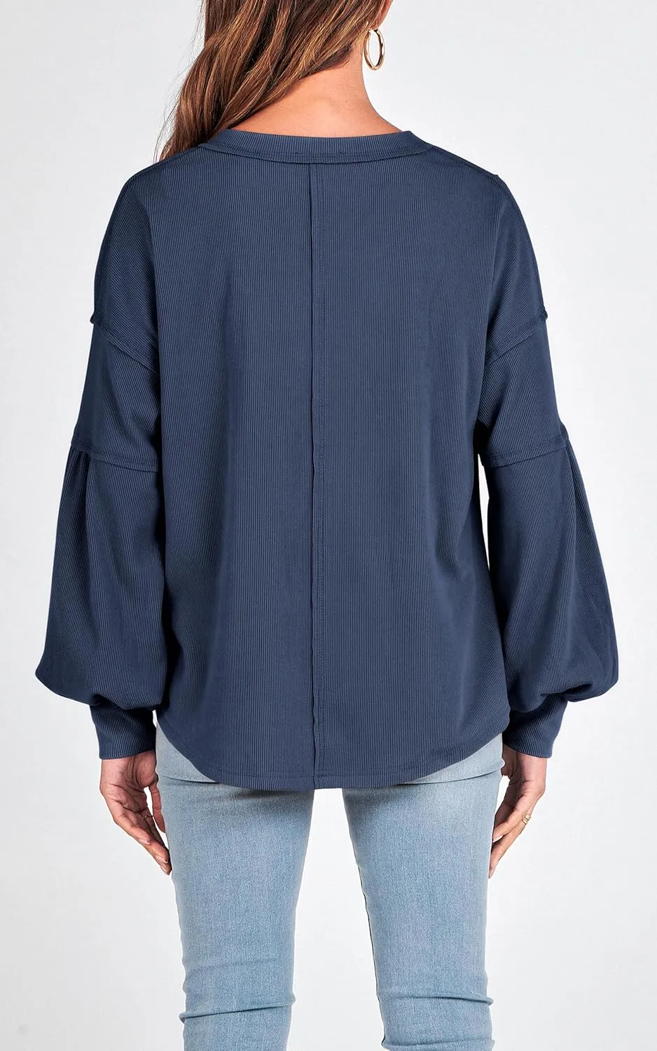 BTFBM Women's Ribbed Long Sleeve Tops 2025 Summer Spring Pullover Knit Casual V Neck Blouses Trendy Loose Fit Tunic Top