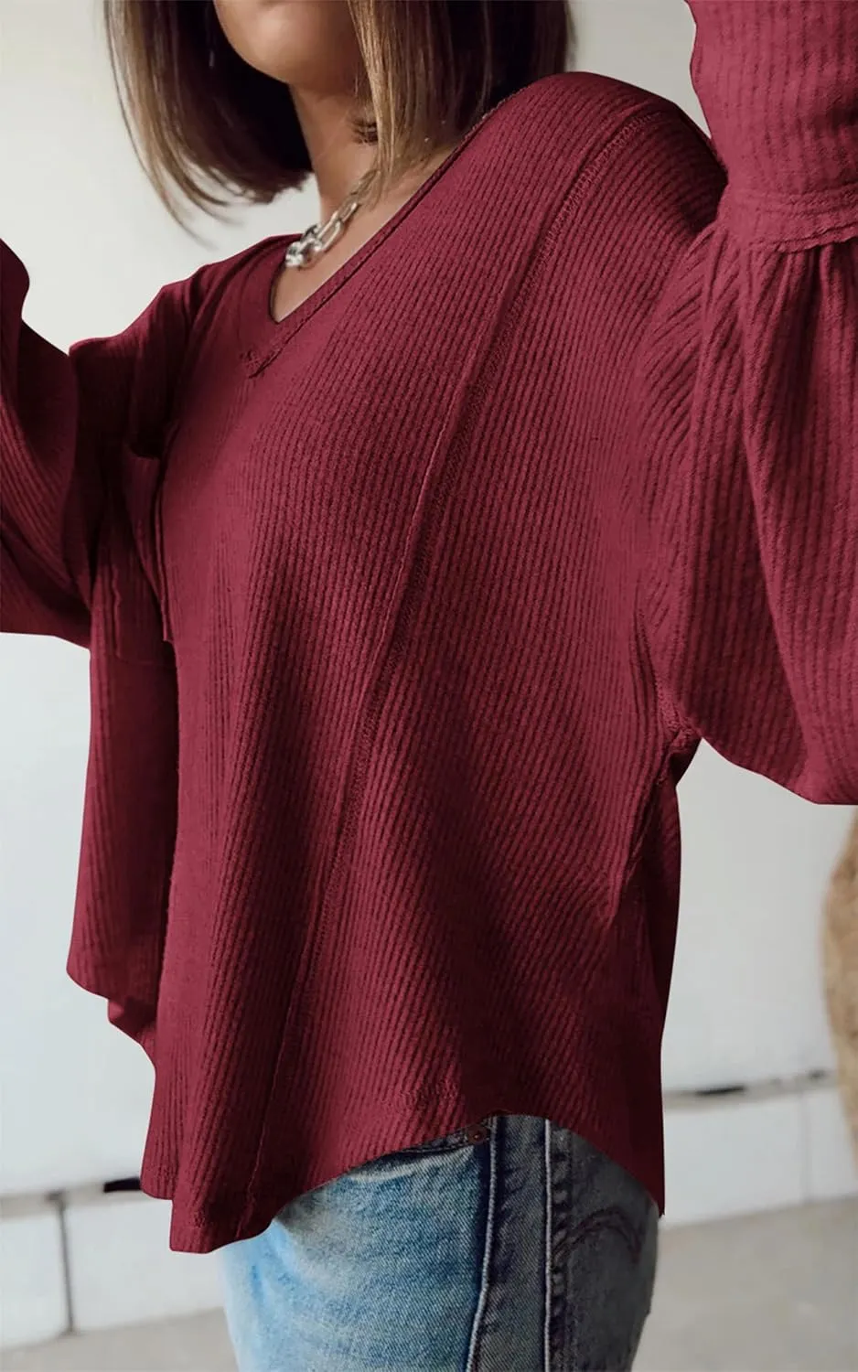 BTFBM Women's Ribbed Long Sleeve Tops 2025 Summer Spring Pullover Knit Casual V Neck Blouses Trendy Loose Fit Tunic Top