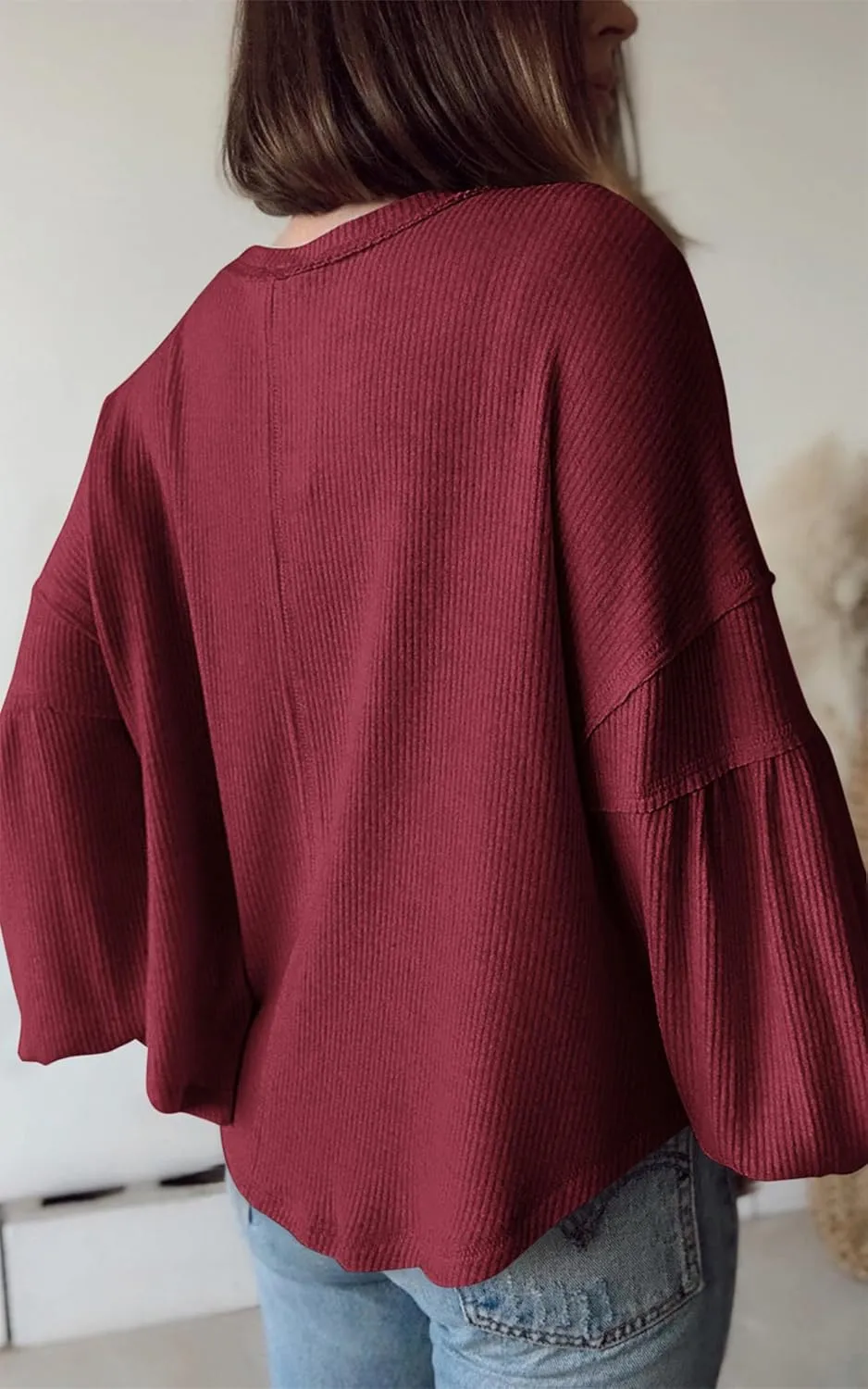 BTFBM Women's Ribbed Long Sleeve Tops 2025 Summer Spring Pullover Knit Casual V Neck Blouses Trendy Loose Fit Tunic Top
