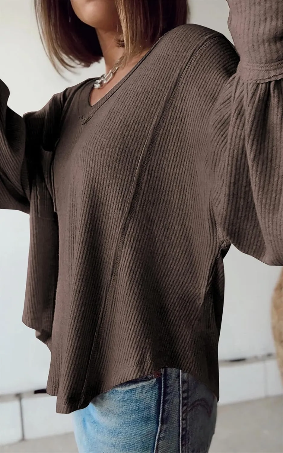 BTFBM Women's Ribbed Long Sleeve Tops 2025 Summer Spring Pullover Knit Casual V Neck Blouses Trendy Loose Fit Tunic Top