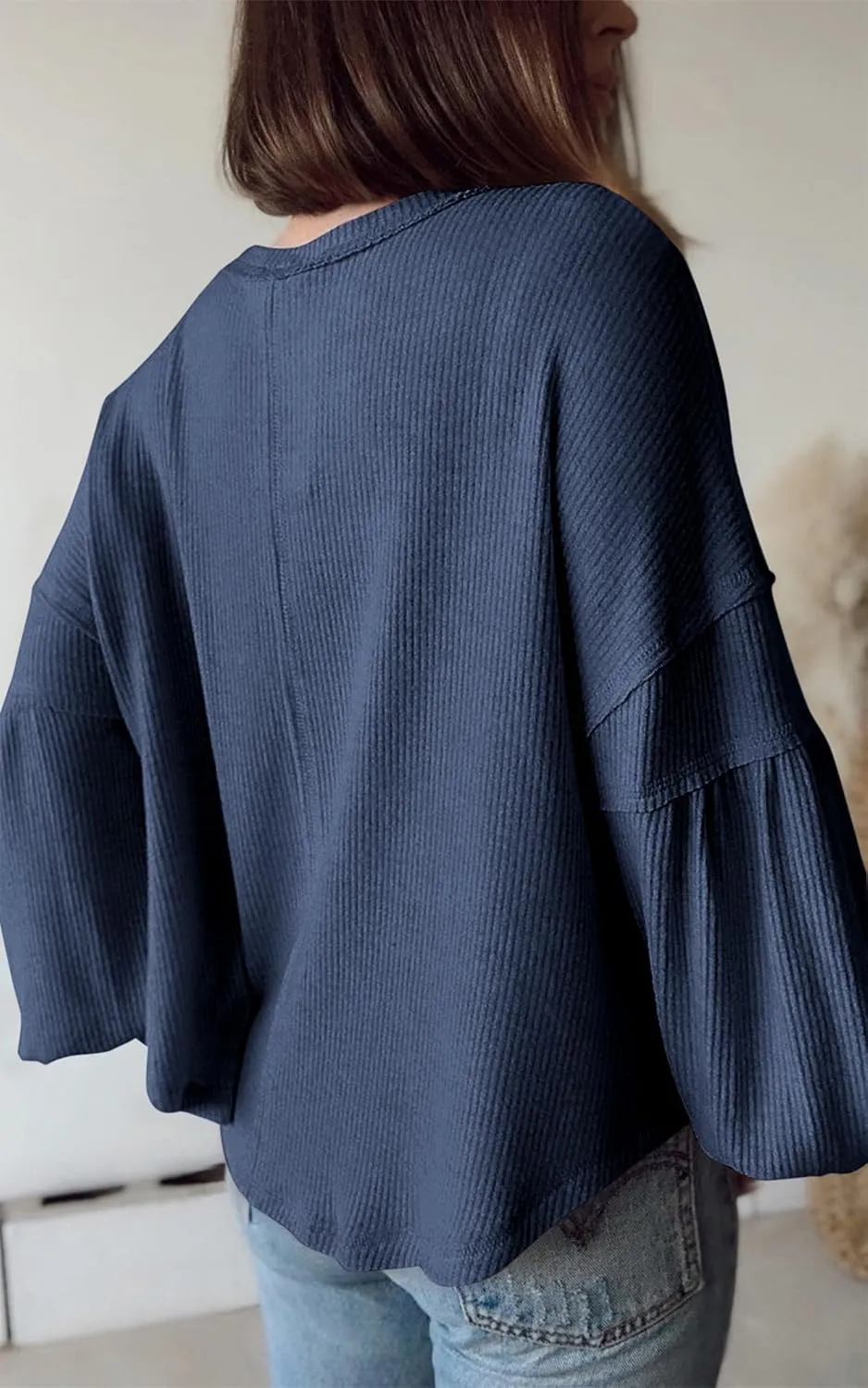 BTFBM Women's Ribbed Long Sleeve Tops 2025 Summer Spring Pullover Knit Casual V Neck Blouses Trendy Loose Fit Tunic Top