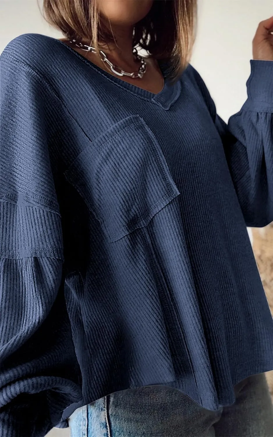 BTFBM Women's Ribbed Long Sleeve Tops 2025 Summer Spring Pullover Knit Casual V Neck Blouses Trendy Loose Fit Tunic Top