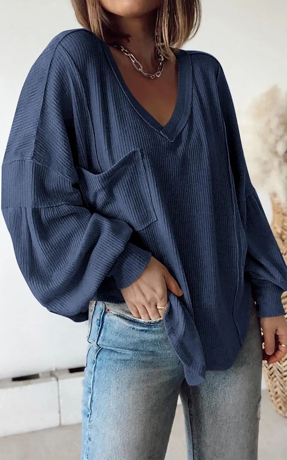 BTFBM Women's Ribbed Long Sleeve Tops 2025 Summer Spring Pullover Knit Casual V Neck Blouses Trendy Loose Fit Tunic Top