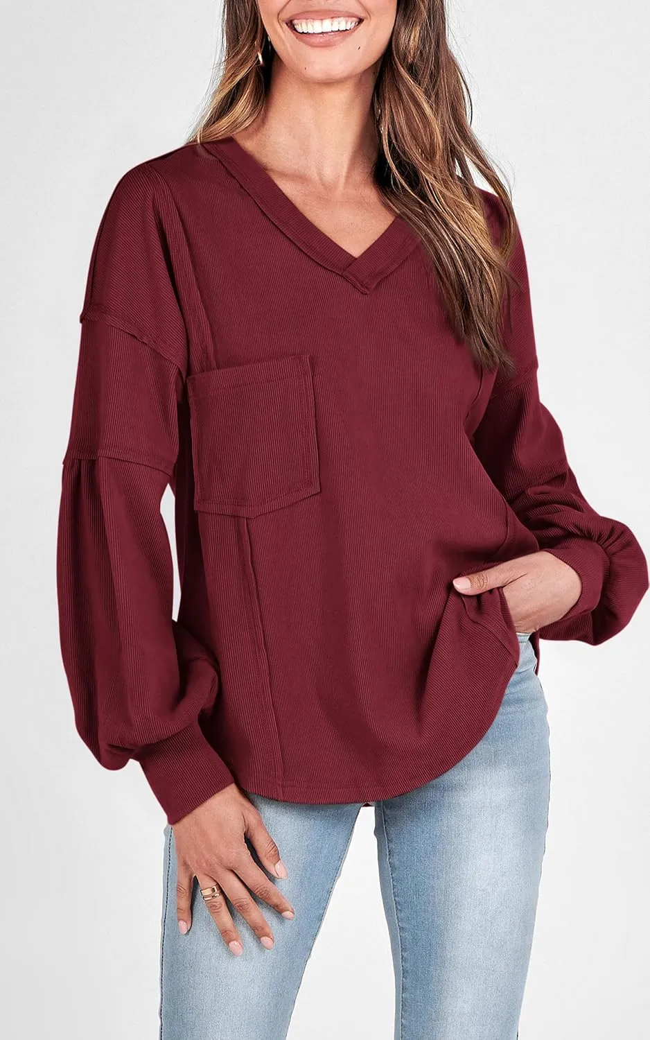 BTFBM Women's Ribbed Long Sleeve Tops 2025 Summer Spring Pullover Knit Casual V Neck Blouses Trendy Loose Fit Tunic Top