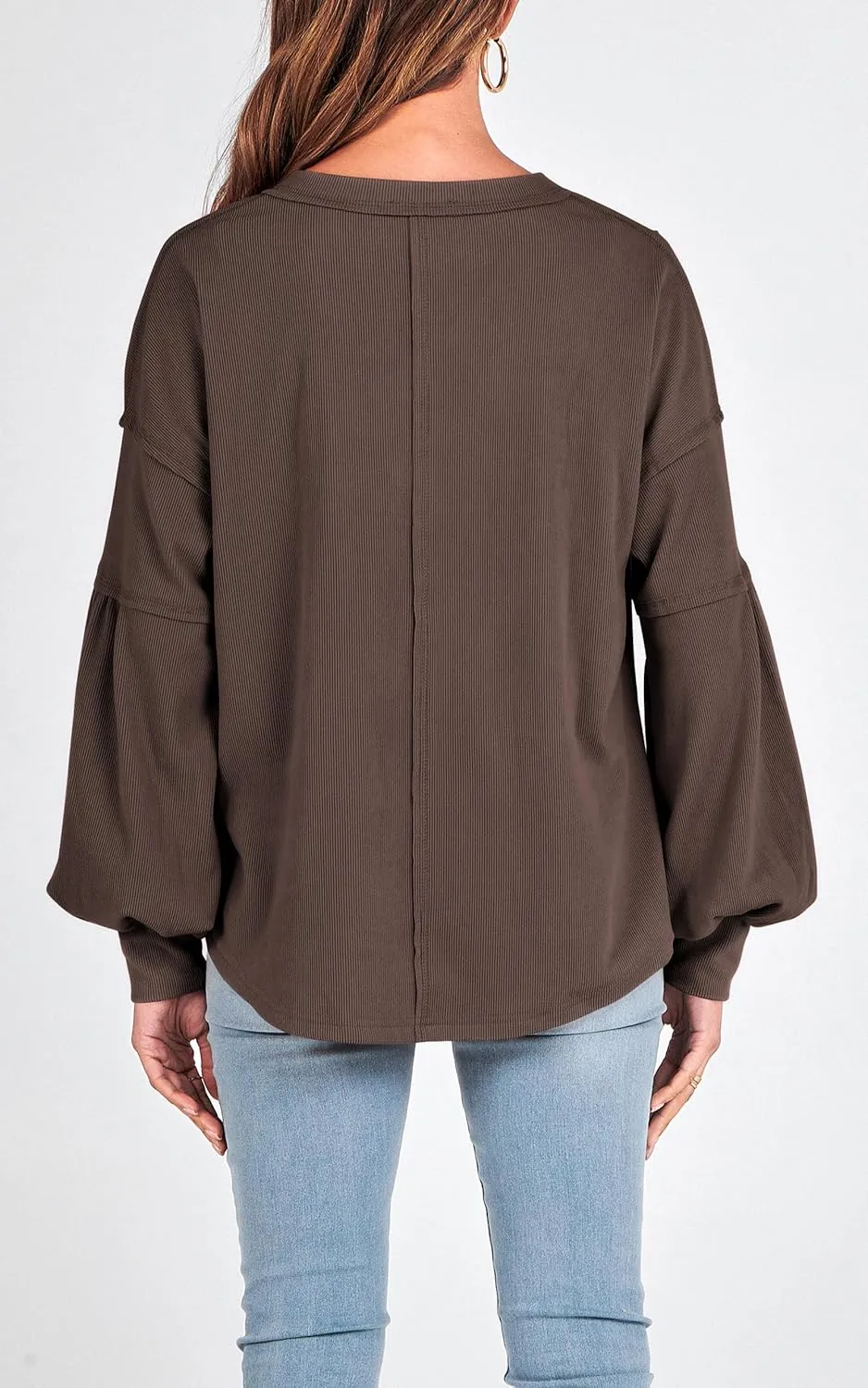 BTFBM Women's Ribbed Long Sleeve Tops 2025 Summer Spring Pullover Knit Casual V Neck Blouses Trendy Loose Fit Tunic Top