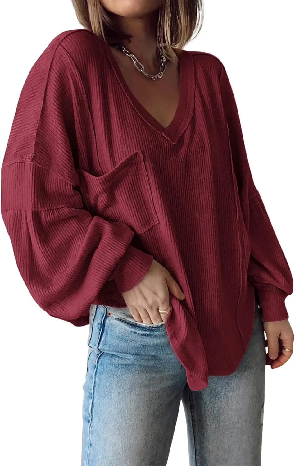 BTFBM Women's Ribbed Long Sleeve Tops 2025 Summer Spring Pullover Knit Casual V Neck Blouses Trendy Loose Fit Tunic Top