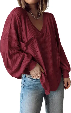 BTFBM Women's Ribbed Long Sleeve Tops 2025 Summer Spring Pullover Knit Casual V Neck Blouses Trendy Loose Fit Tunic Top