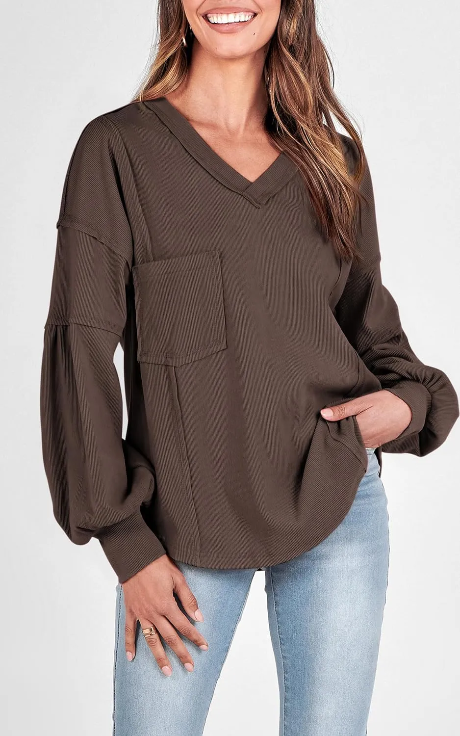 BTFBM Women's Ribbed Long Sleeve Tops 2025 Summer Spring Pullover Knit Casual V Neck Blouses Trendy Loose Fit Tunic Top