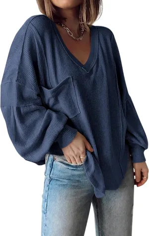 BTFBM Women's Ribbed Long Sleeve Tops 2025 Summer Spring Pullover Knit Casual V Neck Blouses Trendy Loose Fit Tunic Top