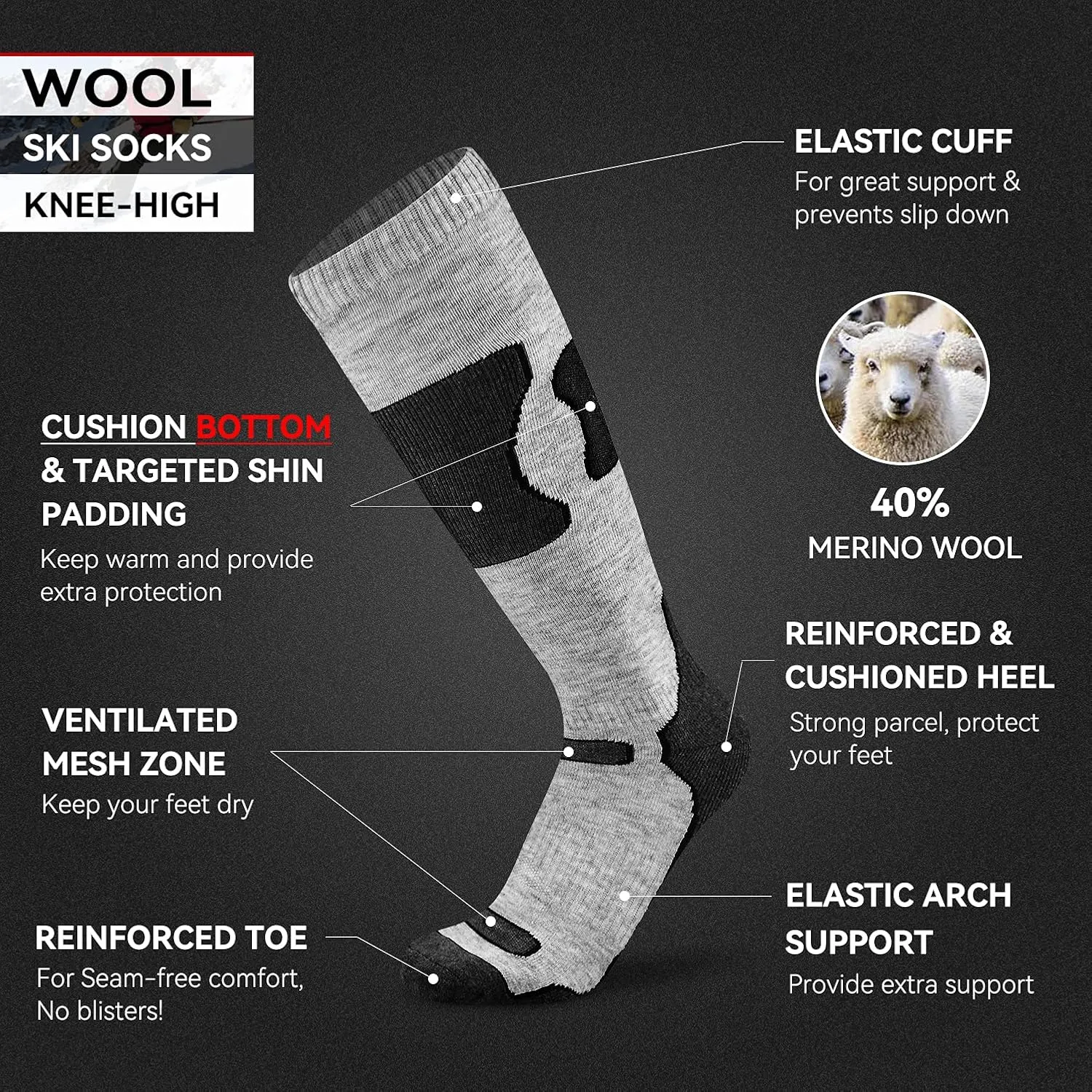 Busy Socks Merino Wool Ski Socks for Men Women, Winter Warm Socks for Skiing, Snowboarding, Outdoor Sports Cold Weather