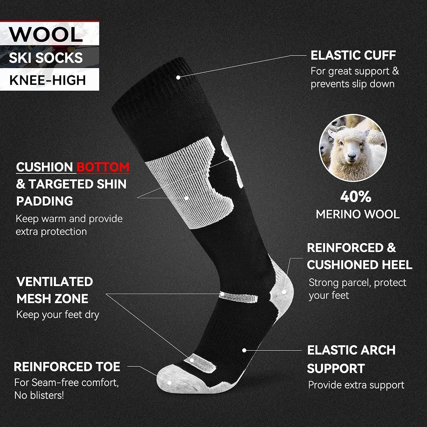 Busy Socks Merino Wool Ski Socks for Men Women, Winter Warm Socks for Skiing, Snowboarding, Outdoor Sports Cold Weather