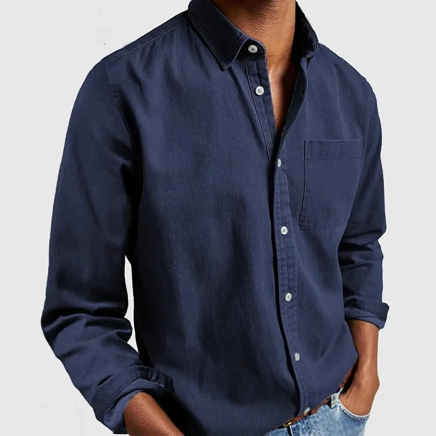 Button Down Shirt for Men Fashion Solid Lapel Long Sleeve Dress Shirts Casual Heavywegiht Untucked Blouse with Pocket