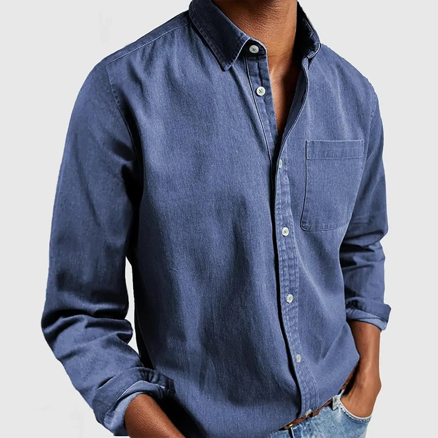 Button Down Shirt for Men Fashion Solid Lapel Long Sleeve Dress Shirts Casual Heavywegiht Untucked Blouse with Pocket