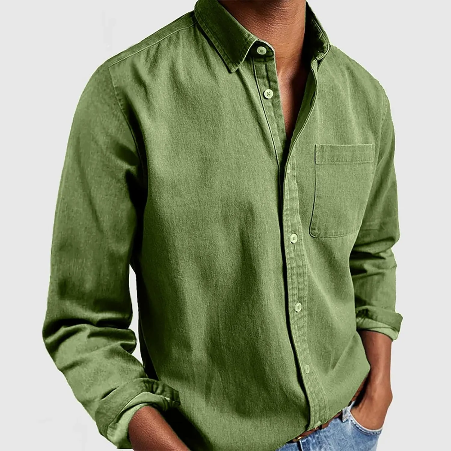 Button Down Shirt for Men Fashion Solid Lapel Long Sleeve Dress Shirts Casual Heavywegiht Untucked Blouse with Pocket