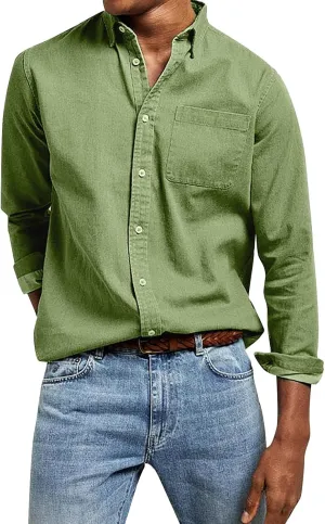 Button Down Shirt for Men Fashion Solid Lapel Long Sleeve Dress Shirts Casual Heavywegiht Untucked Blouse with Pocket