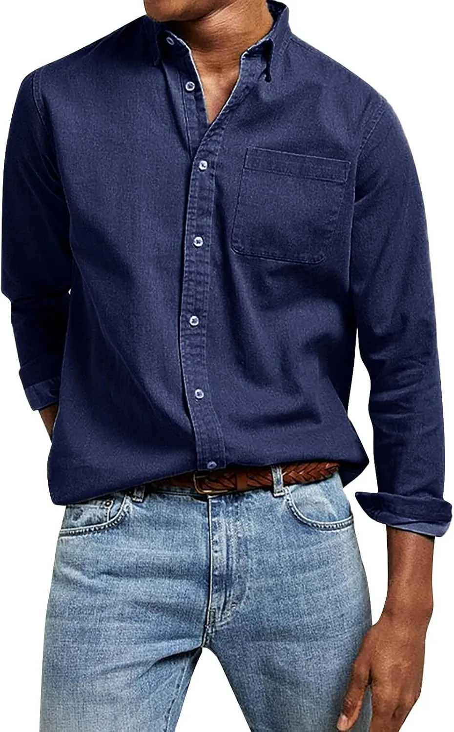 Button Down Shirt for Men Fashion Solid Lapel Long Sleeve Dress Shirts Casual Heavywegiht Untucked Blouse with Pocket
